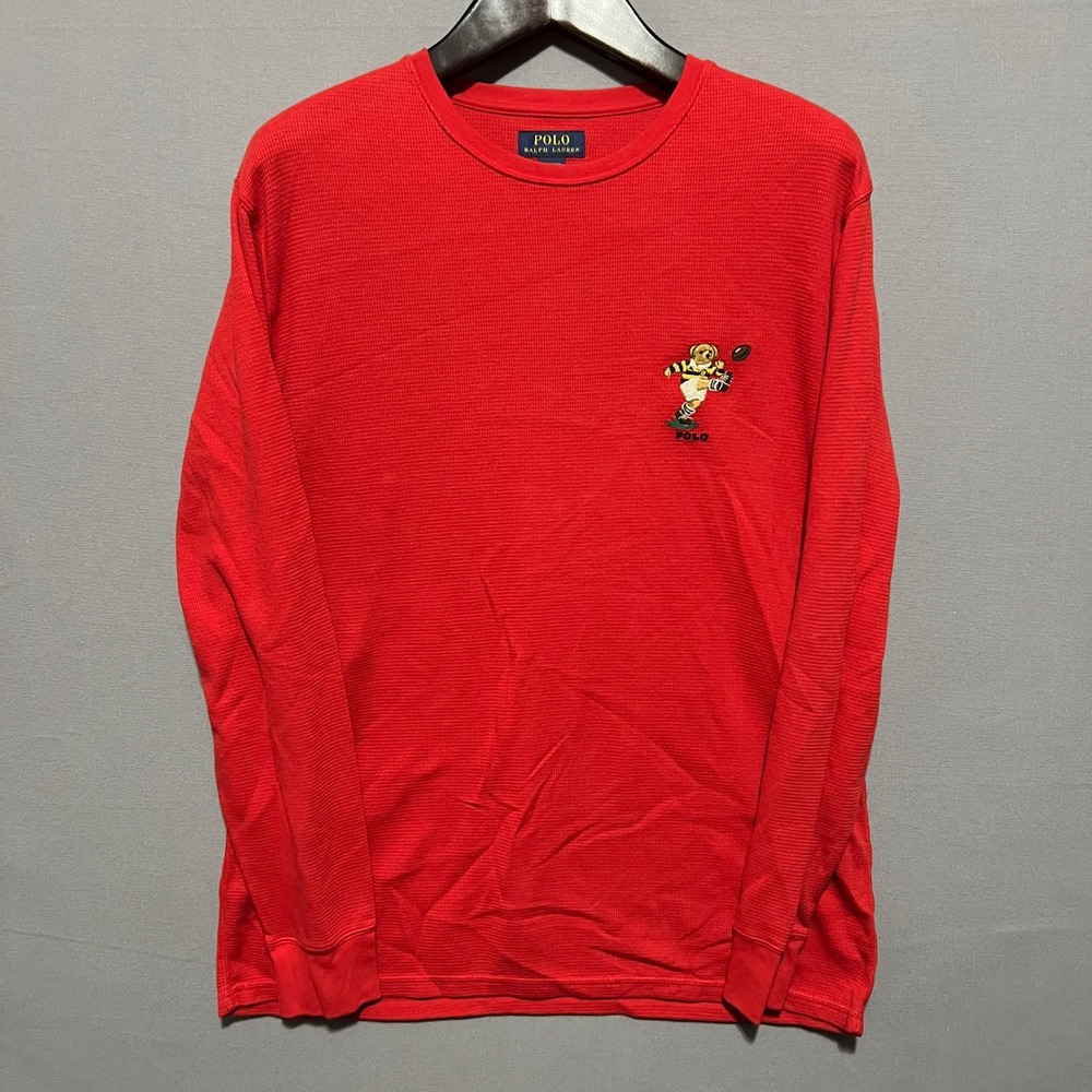 Polo Ralph Lauren Mens 2XL Red Waffle Knit Thermal Long Sleeve Rugby Polo Bear